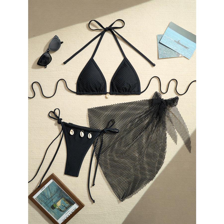 Women's Three Piece Bikini Swimsuit Set with Mesh Cover up CLE
