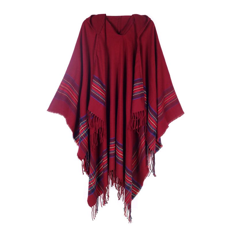Women's Hooded Cape Shawl: Warm Autumn/Winter Tassel Slit, Two-way Imitation Cashmere Scarf