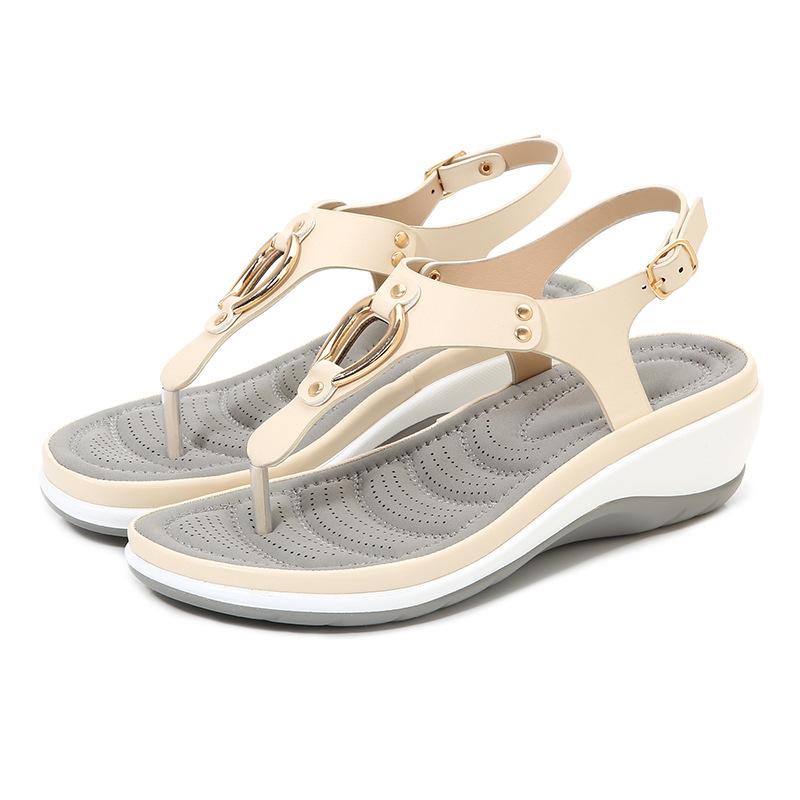 New slope heel pinch foot beach sandals rubber outsole metal decoration casual women's shoes buckle middle heel women's shoes