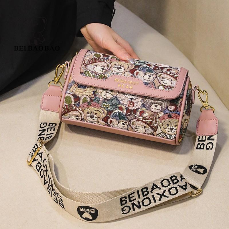 Borsa a Spalla Jacquard Orsetto Borsa a Tracolla Cilindrica Cartone Animato con Patta Borsa da Donna a Tracolla Larga Borsa a Tracolla da Donna alla Moda Pratica Regalo per Ragazze