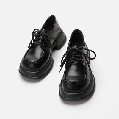Small Leather Shoes Autumn New Thick Heel Black British Retro Lace-up Loafers College Style Thick-soled Women's Shoes