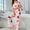 Pink Butterfly Women Pajamas Sets Autumn Winter Short Sleeves Long Pants Sleepwear Casual Pijamas Cozy Pyjamas Cute Pjs Sweet