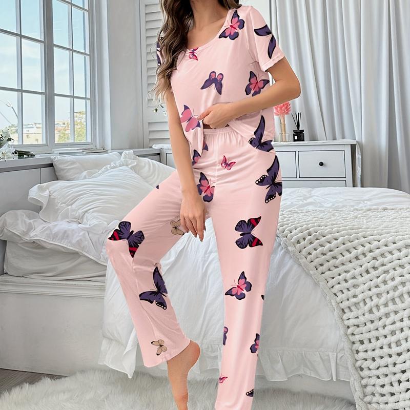 Pink Butterfly Women Pajamas Sets Autumn Winter Short Sleeves Long Pants Sleepwear Casual Pijamas Cozy Pyjamas Cute Pjs Sweet