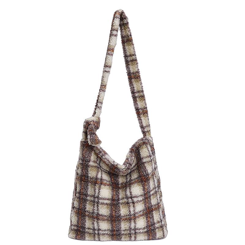 New Winter Autumn Plaid Furry Crossbody Bag Women Large Capacity Retro Shoulder Tote Bucket Bag Simple and Versatile Storage Bag