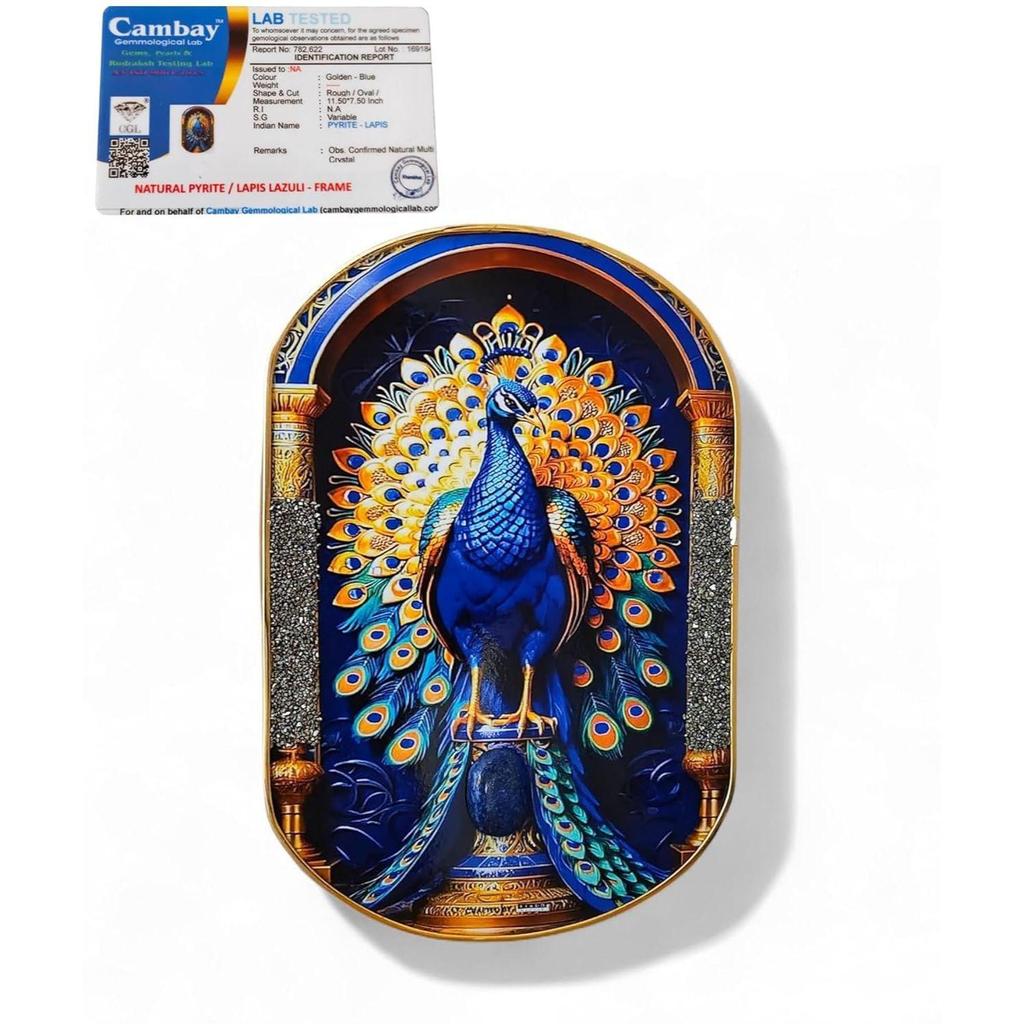 Certified Pyrite–Lapis Peacock Frame | Handcrafted Decorative Crystal Art Frame for Home & Office