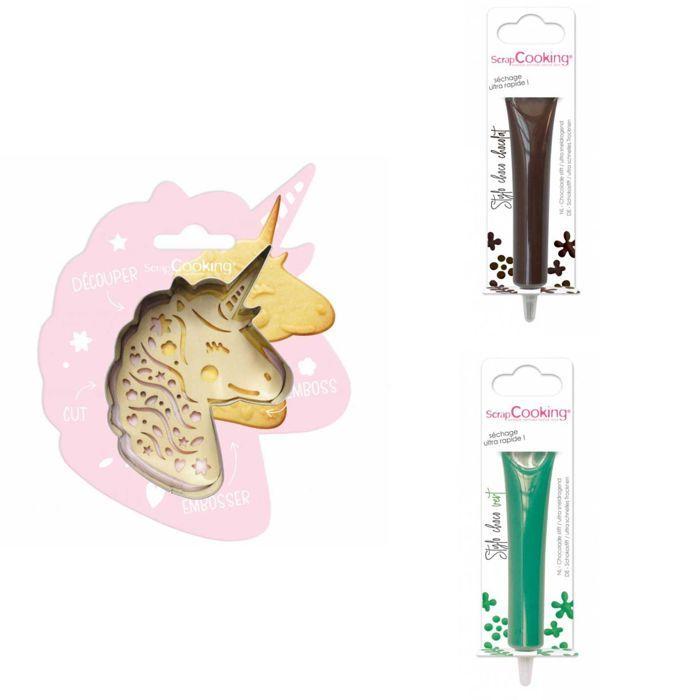 Kit pour biscuit en relief Licorne + 2 Stylos au chocolat marron et vert
