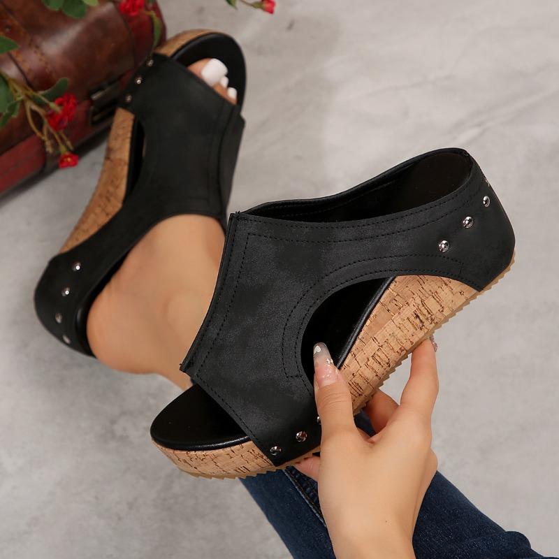 Große Größe 43wish neue Damen Keilabsatz Fischmaul Plateau Nieten Sandalen