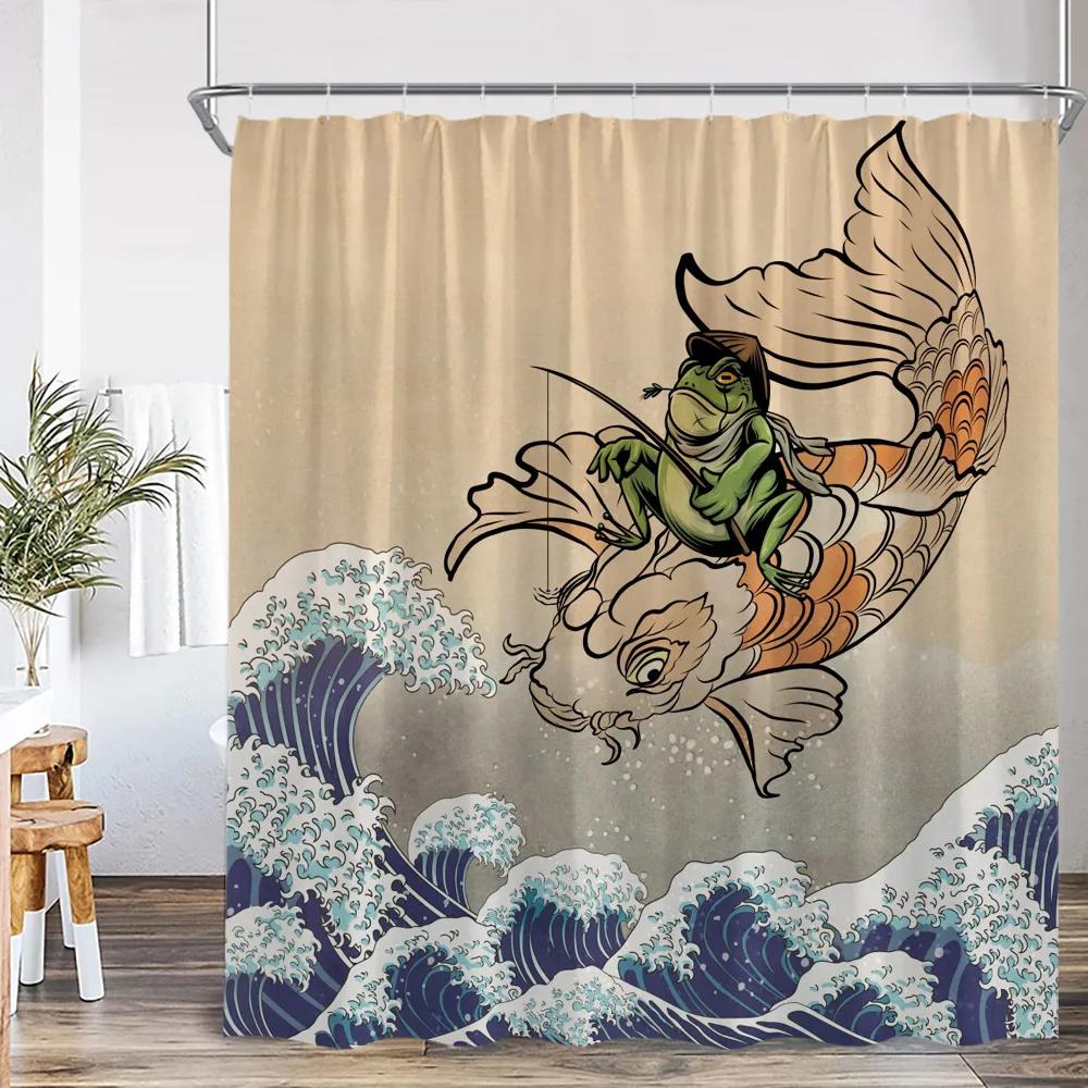 Japanese Style Shower Curtains Toad Master Frog Sea Waves Koi Cherry Blossom Bathroom Decorations Vintage Japan Bath Curtain