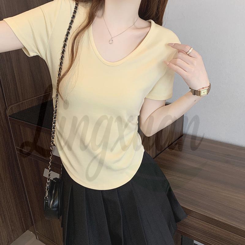 

2026 Plus Size Women s Korean Style Ruffle Short Sleeve T-shirt - Solid Color, Age-Reducing, Round Neck XL жёлтый