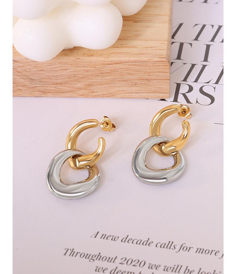 French-Inspired Trendy Double Ring Detachable Titanium Steel Stud Earrings, 18K Gold-Plated Jewelry F539.