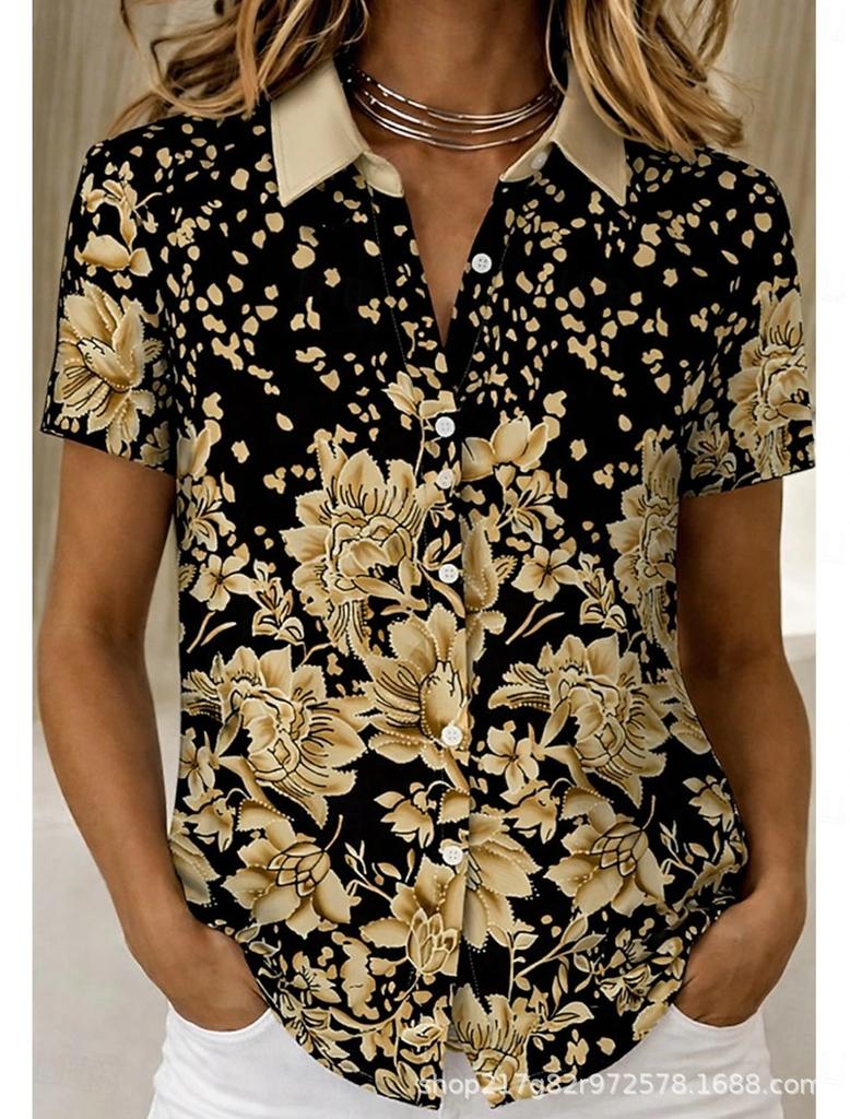 European and American summer hot-selling shirts, short-sleeved women's clothing, printed fashion lapel shirts, tops, casual women's clothing