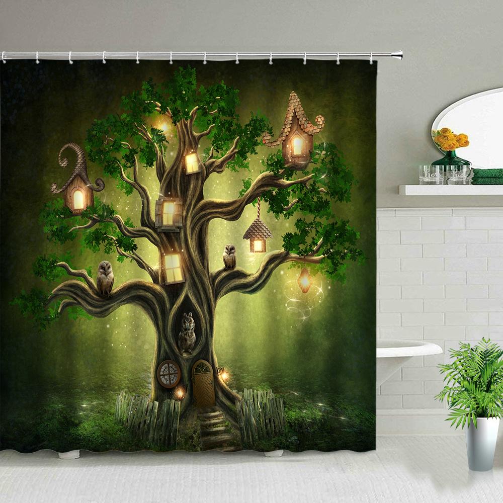 Fantasy Forest Shower Curtain Set Mystery Fairy Forest  Mushroom Flower Plant Home Bathroom Decor Curtains  Bath Accessory Set