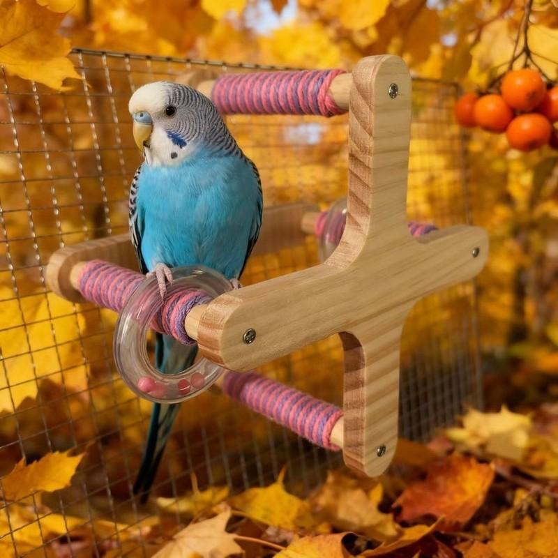 Accesorio para Jaula Percha Giratoria 360° para Pájaros Madera DIY Interactiva Colgante Resistente al Desgaste Parque de Juegos para Loros Juego para Pájaros