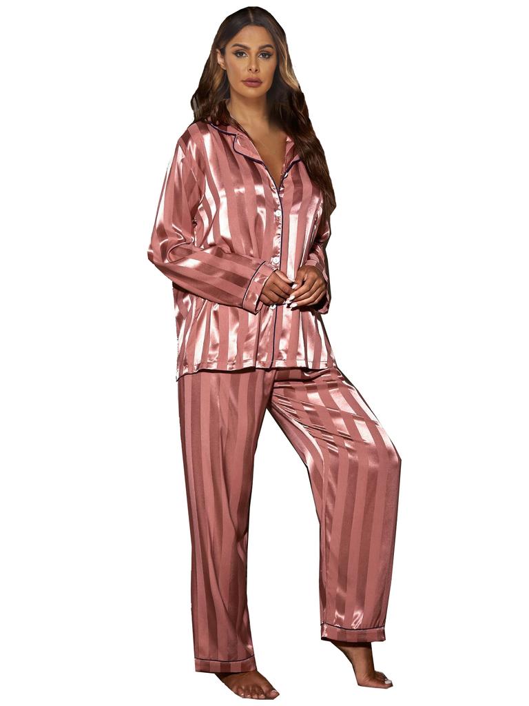 European and American Style Women's Stripeed Loungewear 2 Piece Long Sleeve Long Pants Pajamas Set Comfortable Satin Homewear