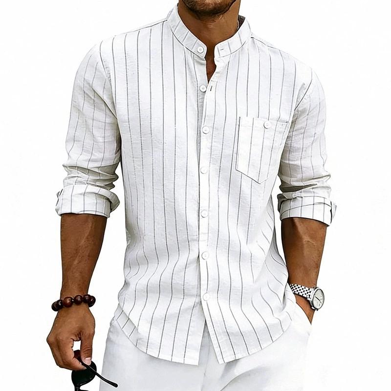 Men's Linen Stand-Up Collar Striped Shirt Spring and Autumn Casual Commuter Trend Slim-Fit Long Sleeve Shirt