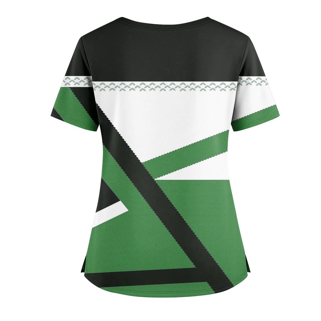 Women's Loose Short Sleeved Fashionable Polka Pots And Geometric Printing V-neck Buttonable Side Slit Top T-shirt