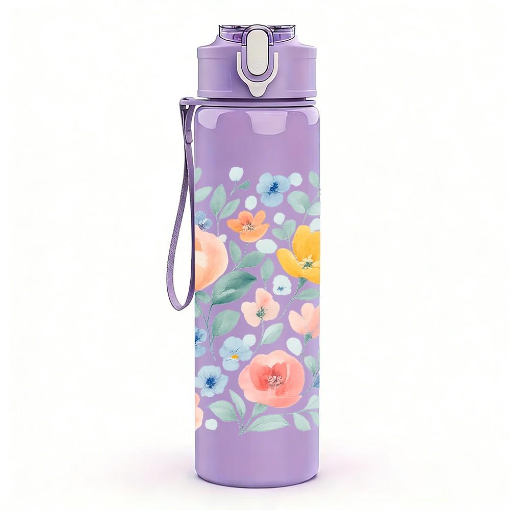 1PC Light Tone Pastel Floral Pattern Print 750ml Color Plastic Sports Water Bottle Leakproof Flip Straw Lid Suitable for Sports Office Home Use