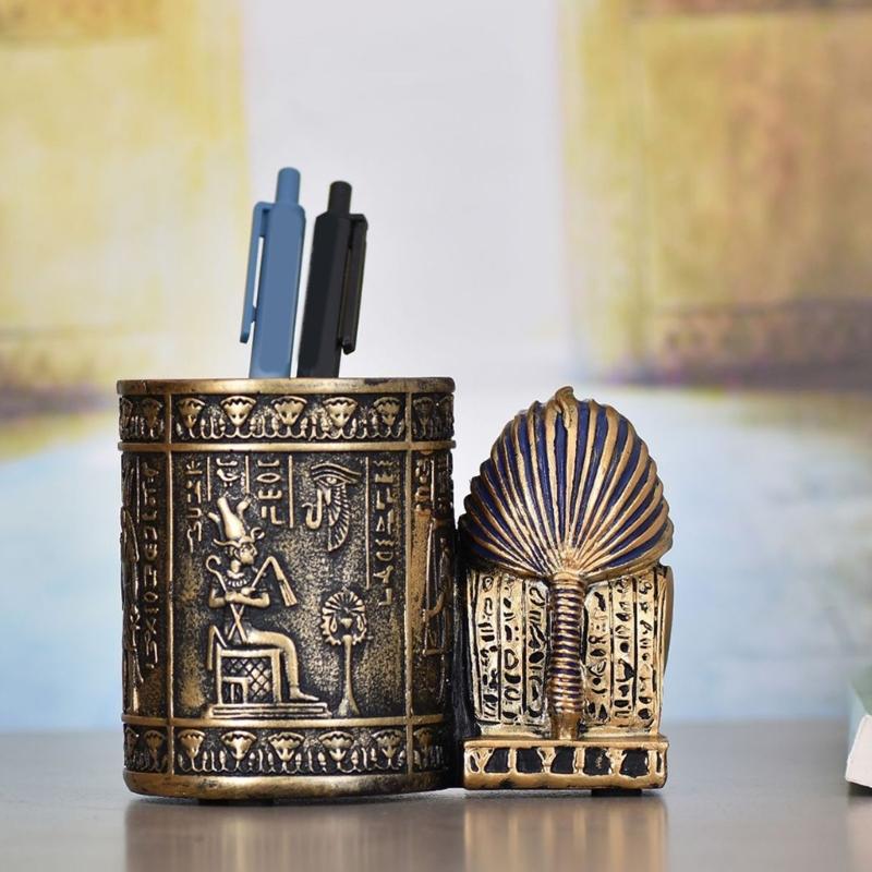 Egyptian Themed Decorative Pen Stand With Intricate Design Resins Craft Pencil Holder Organizers For Modern Home Accent