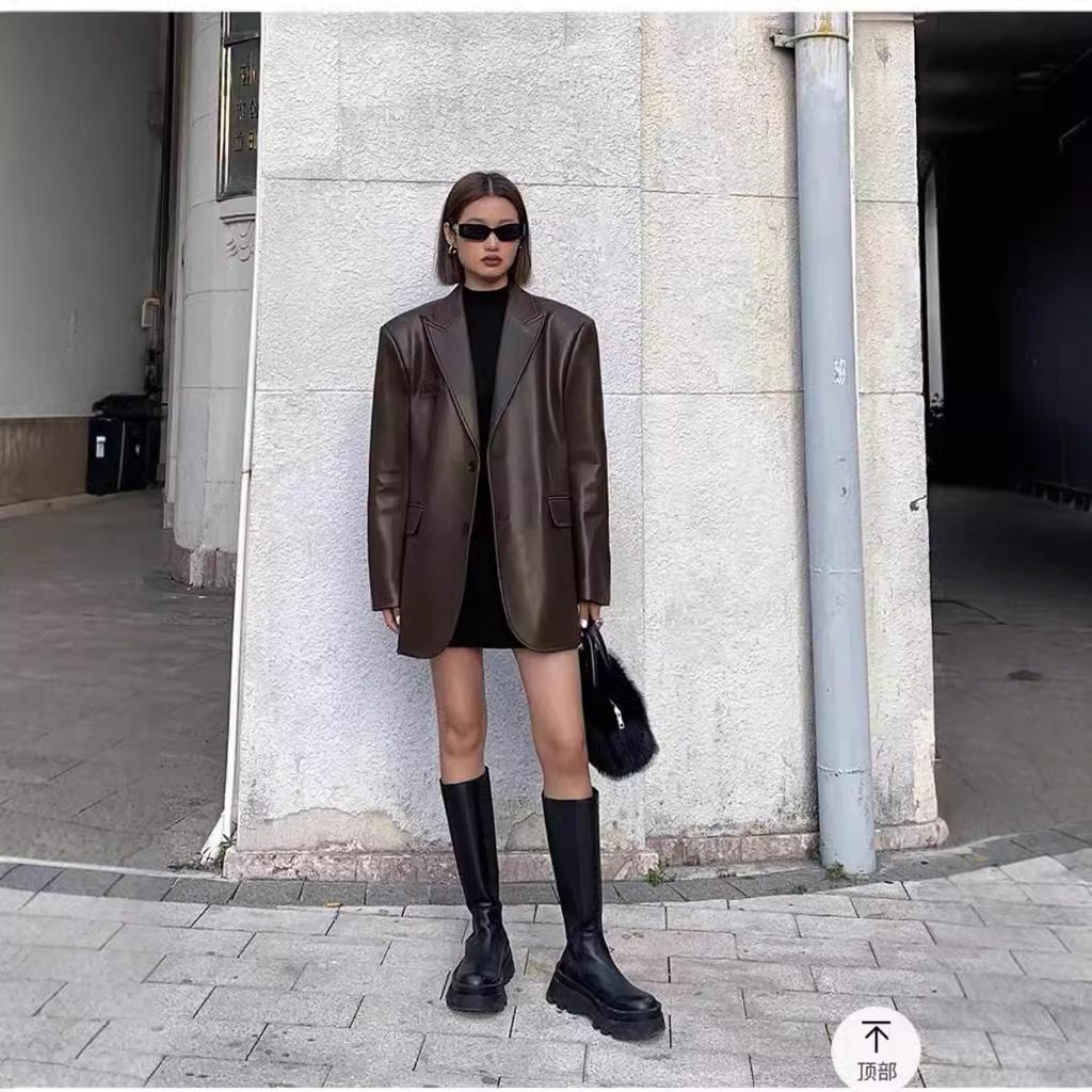 Dámské Černé Hnědé Měkké PU Sako Ramenní vycpávky Dlouhý rukáv Jednořadé Volné Ležérní Sako Topy Korejská Móda Kabát