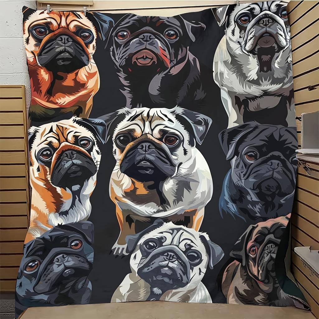 1pc Stitching Pug Dog Blanket Soft Flannel Sofa Blanket TV Show Blanket Warm Skin-friendly Office Nap Throw Blanket, Sofa Bed