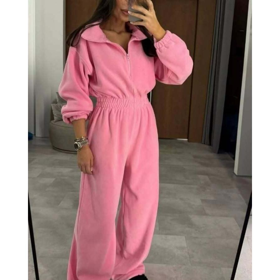 Moda Donna Autunno e Inverno Tuta a Manica Lunga da Donna Casual Mezza Apertura Vita Elastica Tuta Intera