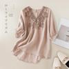 Damen Sommer Ramie V-Ausschnitt Besticktes Oberteil - Lockerer Schnitt, Uni-Farben