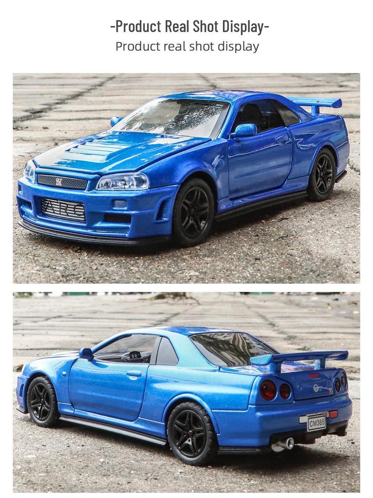 1:32 GTR R34 Low-Rider Sports Car Model with Opening Doors, Four-Wheel Suspension, Alloy Build, Sound and Light, Pull-Back Simulation