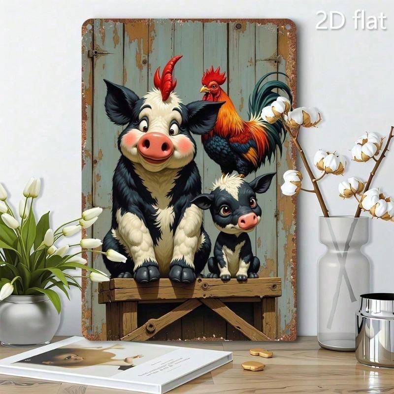 Farm Animal Metal Wall Art 2D Flat Tin Wall Plaque Decor, 8x12 Inch Cartoon Painting for Living Room Bedroom, Outdoor Indoor Hom
