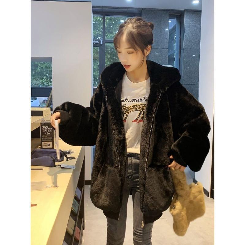 Autumn and winter new imitation Rex rabbit fur jacket women's casual loose warm hooded coat thickened