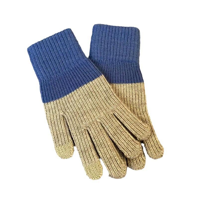 Warm Knitted Touchscreen Gloves Winter Thick Fleece Lined Color Block Design Unisex Full Finger