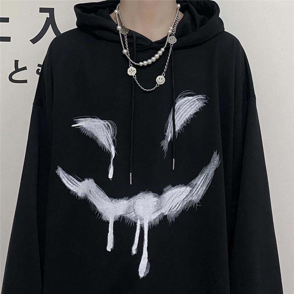 Diablo Graffiti Smiley Print Sweater Men's Street Fleece-lined Thickened Loose Plus Size Hip-Hop Autumn and Winter Jacket