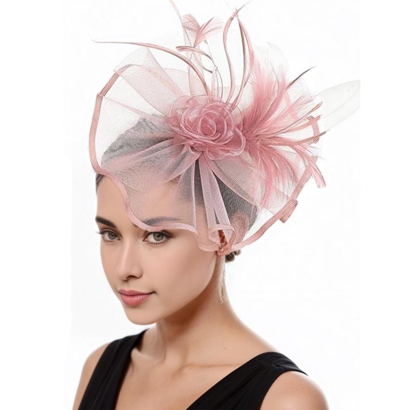 Elegant Feathered Tulle Fascinator Hat with Hair Clip For Women Church Wedding Party Bridal Shower Headpiece Accessory