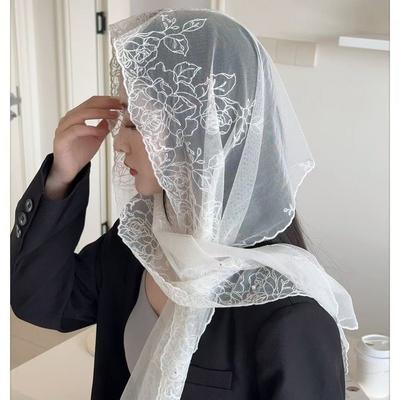 Multifunctional Long Headscarf Gauze Korean Version of Pearl Hot Diamond Lace Scarf Women's Literary Versatile Decorative Neck