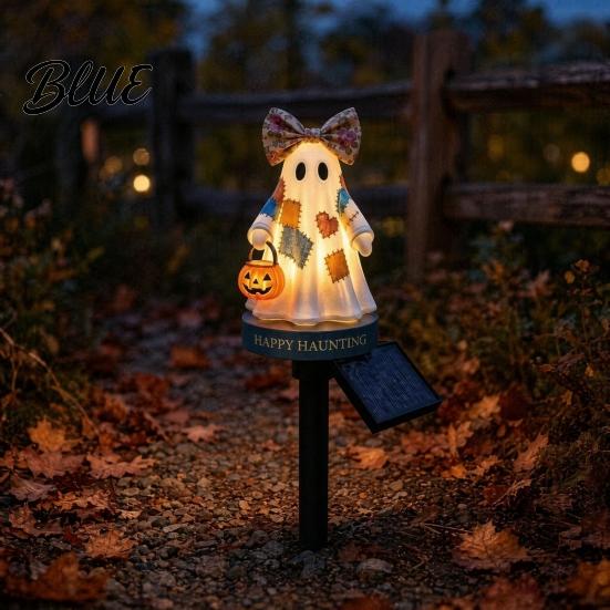 Solar Self-charging Lamp Ghost Garden Stake Light Halloween Pumpkin Lantern with Bow Lawn Decor Waterproof Resin Outdoor Yard for Pathway Decoration