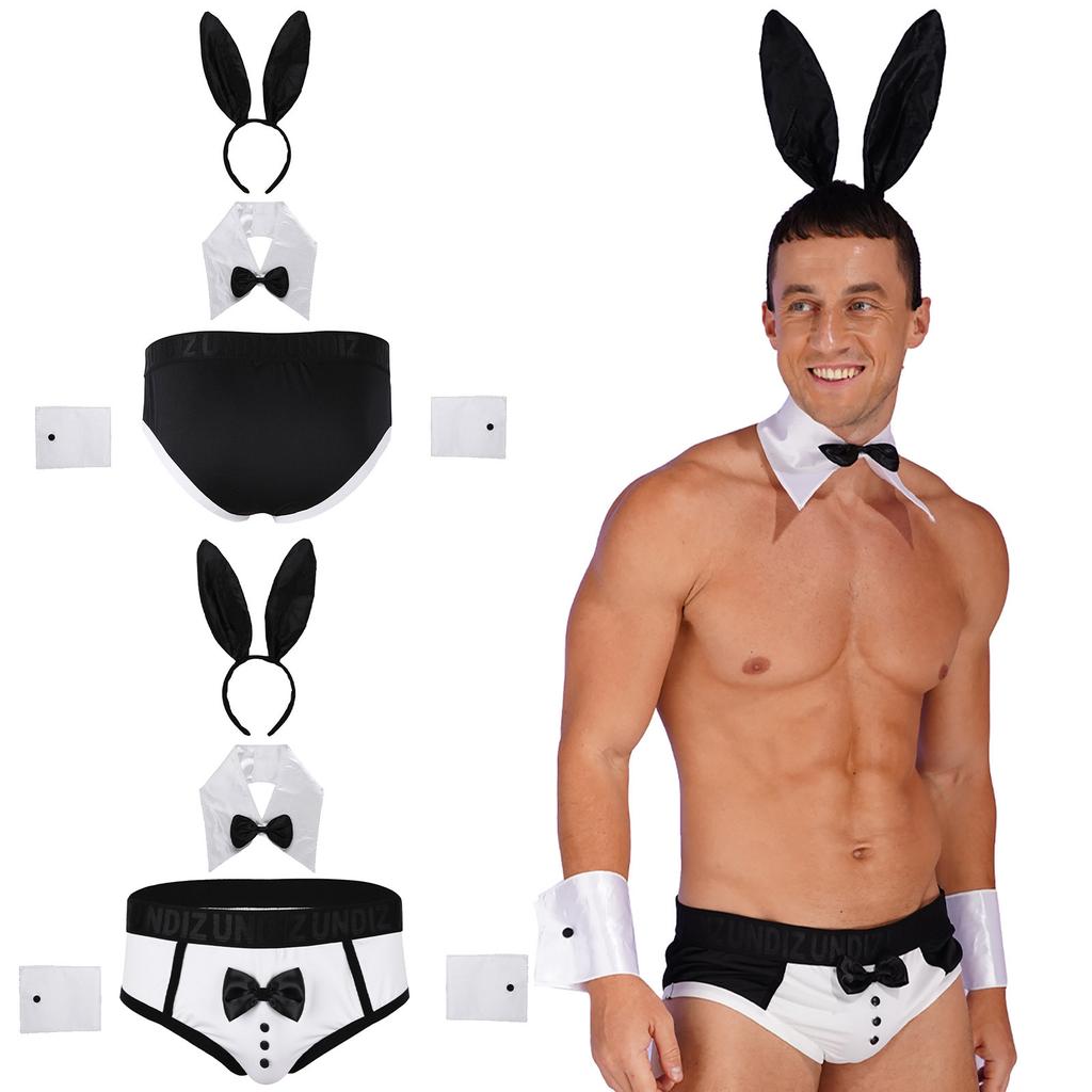 Mens Lingerie Set Bowknot Briefs Bunny Ears Headband Bowtie Collar Cuffs Halloween Costume