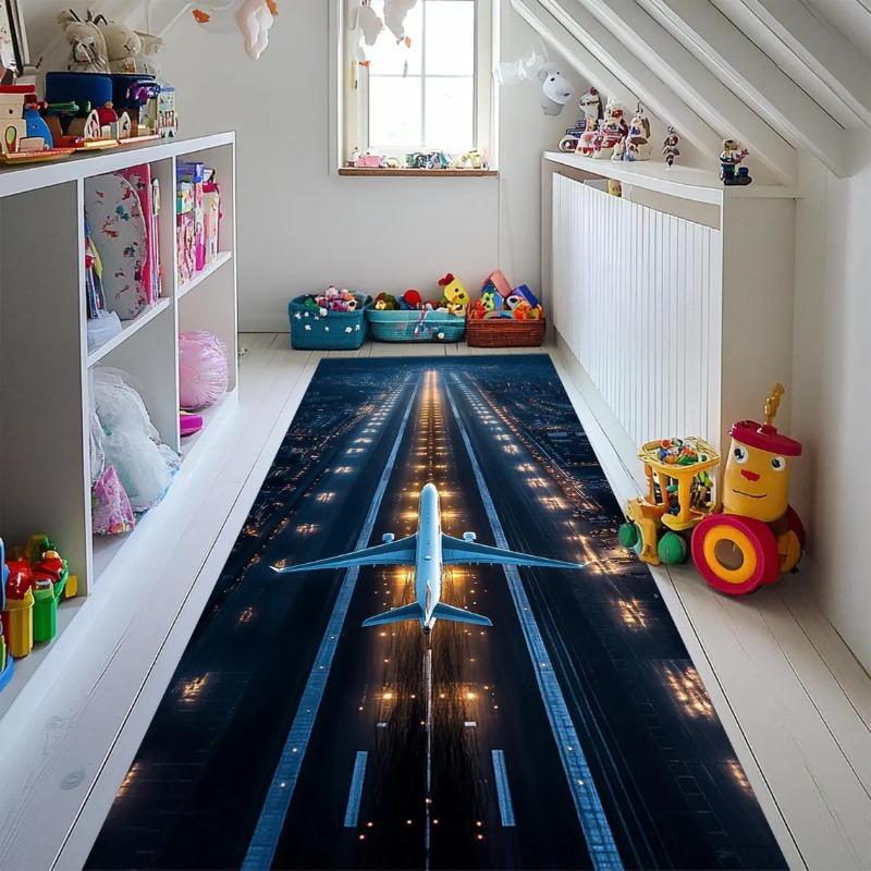 2D Airplane Runway Runner Rug Night Flight Illusion Decor Aviation Themed Long Carpet Soft Non-Slip Floor Mat for Hallway