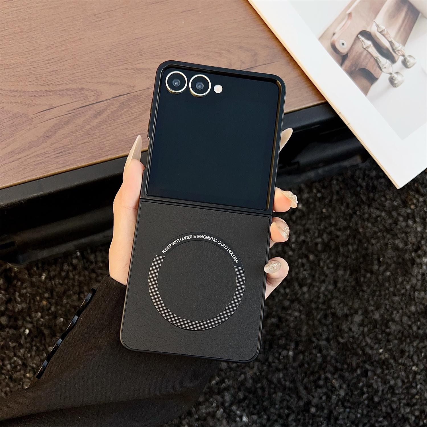 

For Samsung Galaxy Z Flip7 5G Case Anti-Drop PU Leather+PC Cover Compatible with MagSafe Black