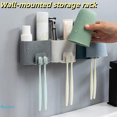 Wall-mounted Toothbrush Holder Punch-free Toothbrush Holder Shaver Toothpaste Mouthwash Cup Storage Rack Bathroom Accessories