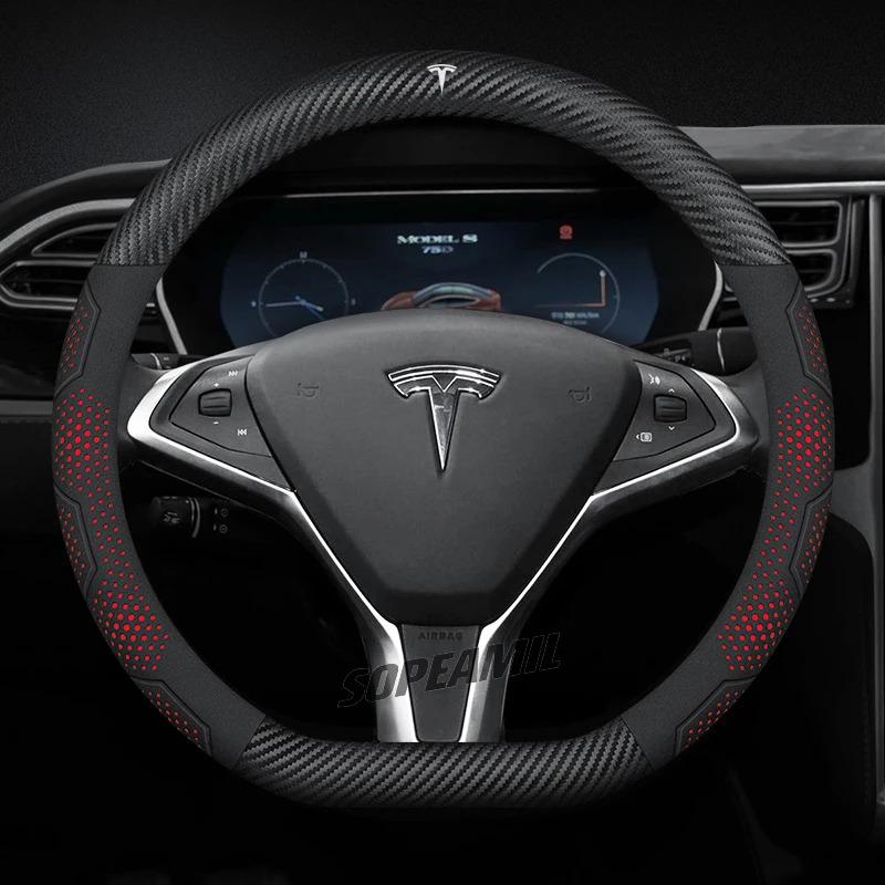 TDMC1 For Tesla Roadster Model 3 Model Y Model S Model X Car Leather Carbon Fiber Anti-Slip Protector Steering Wheel Cover Accessories