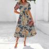 Women's Summer Short Sleeve Round Neck Waistband Bohemian Flowy Layered Maxi Dress With Pockets