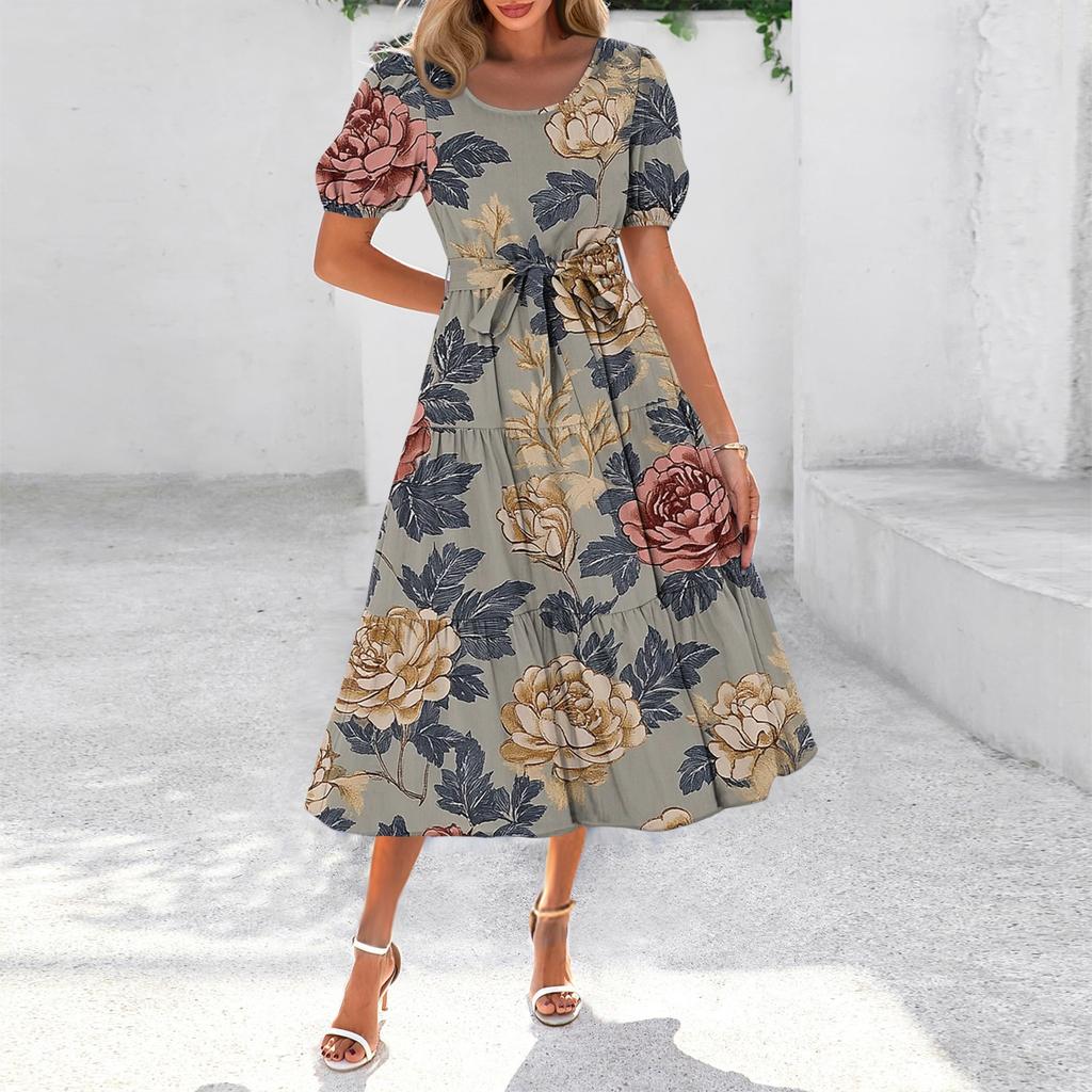 Women's Summer Short Sleeve Round Neck Waistband Bohemian Flowy Layered Maxi Dress With Pockets