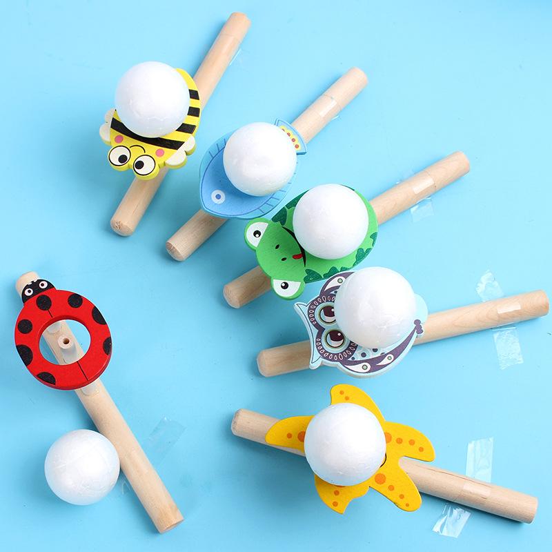 Cartoon Foam Ball Blower Traditional Wooden Rods Blowing Ball Game Fun Gadgets Balance Training Educational Toys Learning Toys