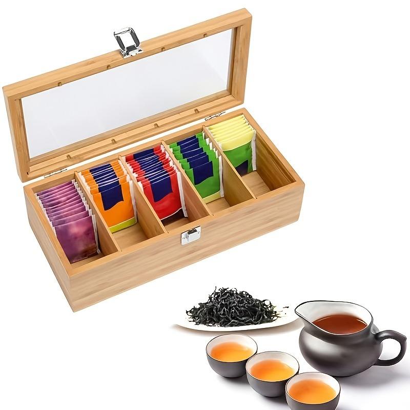 1pcs Wooden Tea Bag Storage Box 5 Compartments with Acrylic Window Desktop Flip-Top Tea Bags Organizer Chinese Tea Accessories