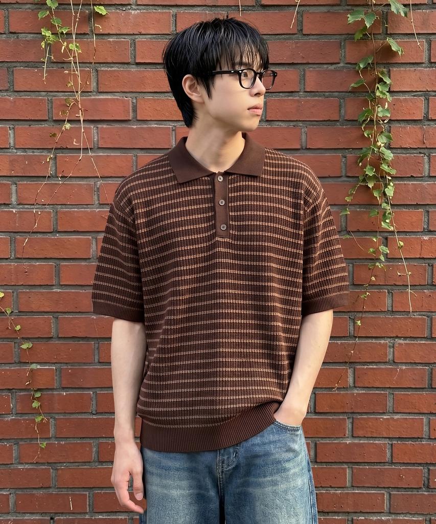 UNDEROFF Oversized Striped Collared Knit Brown