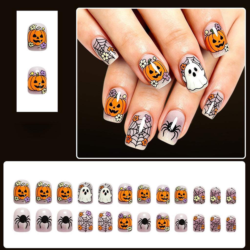 Spider-Web Ghost Pumpkin Glitter Press On Nails 24 Pieces Resin Square Shape Halloween Party Wearable Nail Set for Women Teens