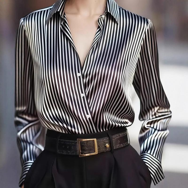Women's Satin Striped Blouse Long Sleeve Turn-Down Collar Office Business Casual Top