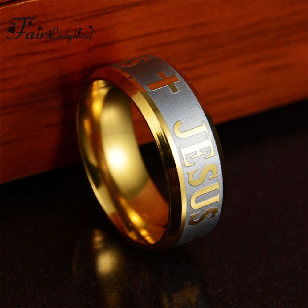

FairLadyHood TOP Quality Catholic 8mm Titanium Steel Silver Color Rose Gold Color Jesus Cross Letter Bible Wedding Band Ring Men 13