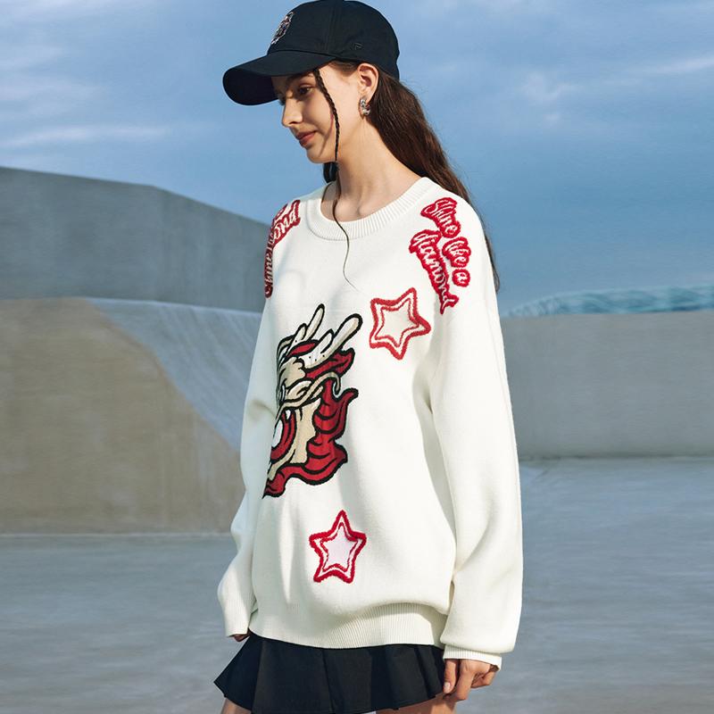 FILA Fusion Dragon Year CNY Series Dragon Pattern Crew Neck Pullover Sweater Unisex sweater Cloud-White T11U412402F-WT