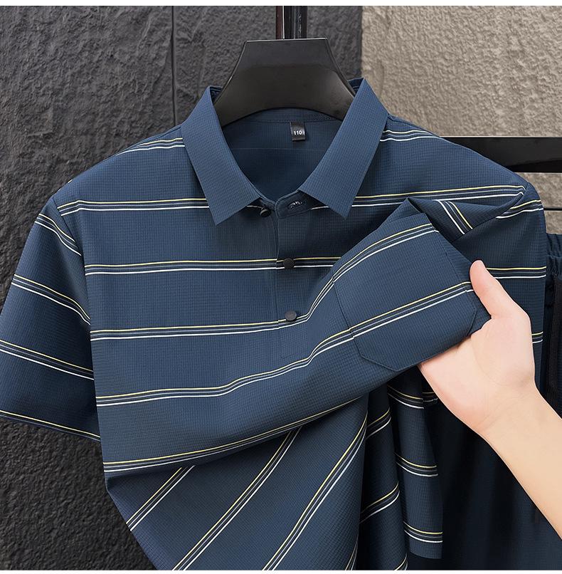 Men's High-End Summer Ice Silk Striped Polo and Shorts Set
