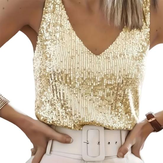Women Vest Shiny Sequins Loose Fit Deep V Neck Sleeveless Tops Party Nightclub Stage Performance Camisole